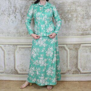 Vintage 1970s Maxi Dress & Jacket Green Floral Mod Vintage VTG 70s Sleeveless M